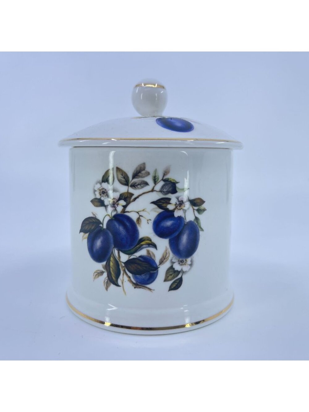 vintage fortnum & mason jam jar fine bone china blue plum motif gold trim